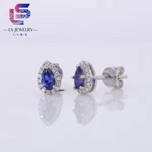 皇家蓝色梨形实验室蓝宝石与硅石钻石光环S925银耳钉耳环