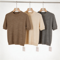 Pull-over en maille unie à col rond et manches courtes pour femme, de haute qualité, couleur marron café, texture fine, coupe décontractée, haut de printemps