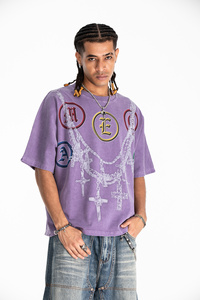 Camiseta <span class=keywords><strong>de</strong></span> manga corta <span class=keywords><strong>de</strong></span> corte holgado con estampado <span class=keywords><strong>de</strong></span> collar <span class=keywords><strong>réplica</strong></span> retro americano, efecto lavado y desgastado, <span class=keywords><strong>de</strong></span> una sola pieza - Product Image 3