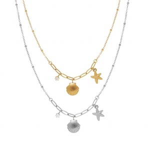 Collier simple et tendance à 2 couches, plaqué or, en acier inoxydable, avec pendentif rond fait main, bijoux pour garçon et fille - Product Image 1