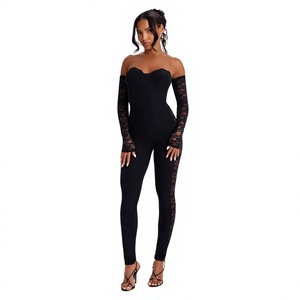 Women's Off Shoulder <b>Lace</b> Jumpsuit High Waist Full Length Solid Black Stretchy <b>Bodysuit</b> Sexy Club Wear - Product Image 1