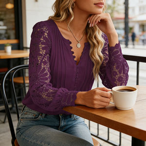 Blusa Casual de Oficina para Mujer, Elegante, con Mangas de Encaje Morado, Talla Grande, Cuello en V, Corta, con Botones, Transpirable y Ligera - Product Image 4