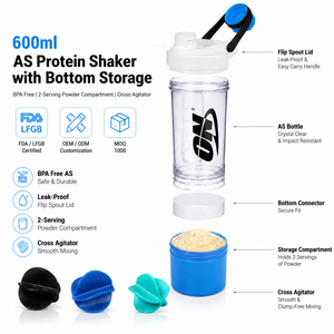 Shaker à protéines en plastique de 600 ml avec compartiment de rangement inférieur, anti-fuite, sans BPA, bouteille mélangeuse avec agitateur croisé pour la salle de sport - Product Image 4