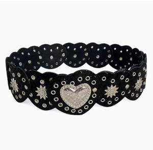 Cinturón ancho de aleación con hebilla de placa, paneles conectados en forma de corazón, decorado con pedrería brillante y tachuelas Sunburst, estilo Y2K audaz. - Product Image 1
