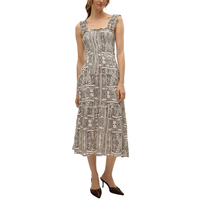 Robe midi décontractée d'été pour femme, motif géométrique ethnique beige et noir, bretelles spaghetti, volants, vente en gros