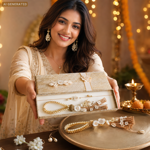 Juego de Regalo Rakhi para Parejas, Colección Rustic Royal, Hecho a Mano con Perlas y Conchas, para Bhai y Bhabhi, con Caja de Regalo Texturizada Premium - Product Image 4