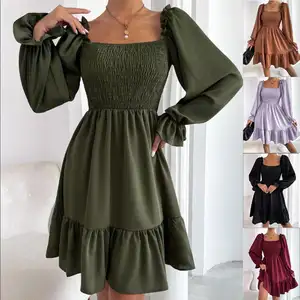 Wholesale Fashion Fancy Solid Dress Square Collar Casual Ruffle Dresses Women Beach Puff Pleated Dress