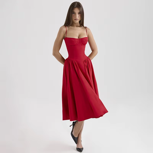 Vestido Midi Rojo Vintage con Cintura Ajustada y Antiestático de Primavera, Vestido Midi Rojo Vintage y Encantador con Cinturón <span class=keywords><strong>Samaria</strong></span> - Product Image 5