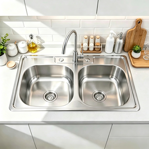 Lavello da Cucina a Doppia Vasca in Acciaio Inox Stile Classico, <span class=keywords><strong>Dimensioni</strong></span> 840*560mm - Product Image 2