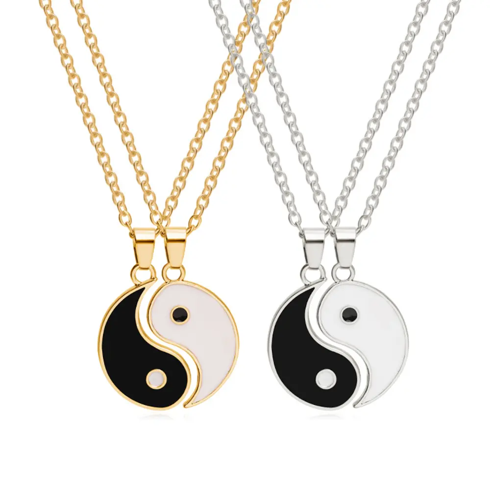 Conjunto de colar e pingente da amizade, 2 peças, quebra-cabeça de esmalte tai-chi, yin e yang, bracelete de casal para mulheres e homens