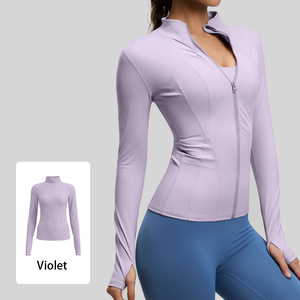 Custom Women <b>Yoga</b> Sports <b>Jacket</b> Full Zip Stand Neck Slim Fit Thumbhole Breathable Seamless Quick Dry for Gym Running Wholesale - Product Image 4