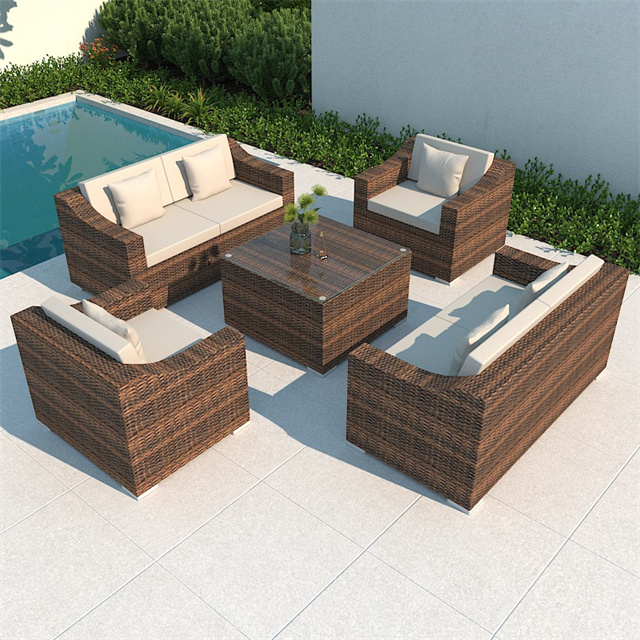 Waterdichte Achtertuin Vrijetijdslounge Rieten Tuinmeubelset Rotan Moderne Luxe Patio Tuinbank