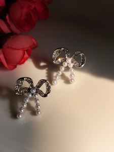 Modern Style High Quality <b>Silver</b> Plated Handmade <b>Small</b> Bow Shaped <b>Studs</b> Earring Faux Pearls Rhinestones Reasonably Priced for - Product Image 3