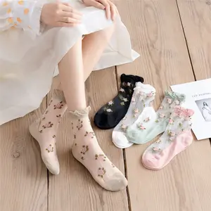 Calcetines de tul con estampado floral para mujer, medias bonitas y transpirables, supersuaves, de verano