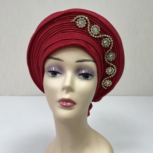 MH-1249-<span class=keywords><strong>F</strong></span> Auto Gele Aso Oke, foulard africain orné de strass, bonnet Gele pour femmes musulmanes, hijab, turban pour la plage, la pêche, adultes - Product Image 1