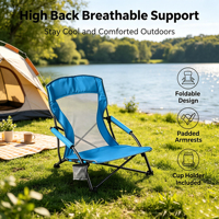 Chaise de camping moderne pliable en acier inoxydable légère avec dossier haut, accoudoirs en maille respirante et porte-gobelet pour la plage, les pique-niques et le jardin