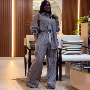 Ensemble Décontracté Femme Nouvelle Mode Été 2025, Chemise Rayée Boutonnée à Manches Longues et Pantalon Ample - Product Image 4