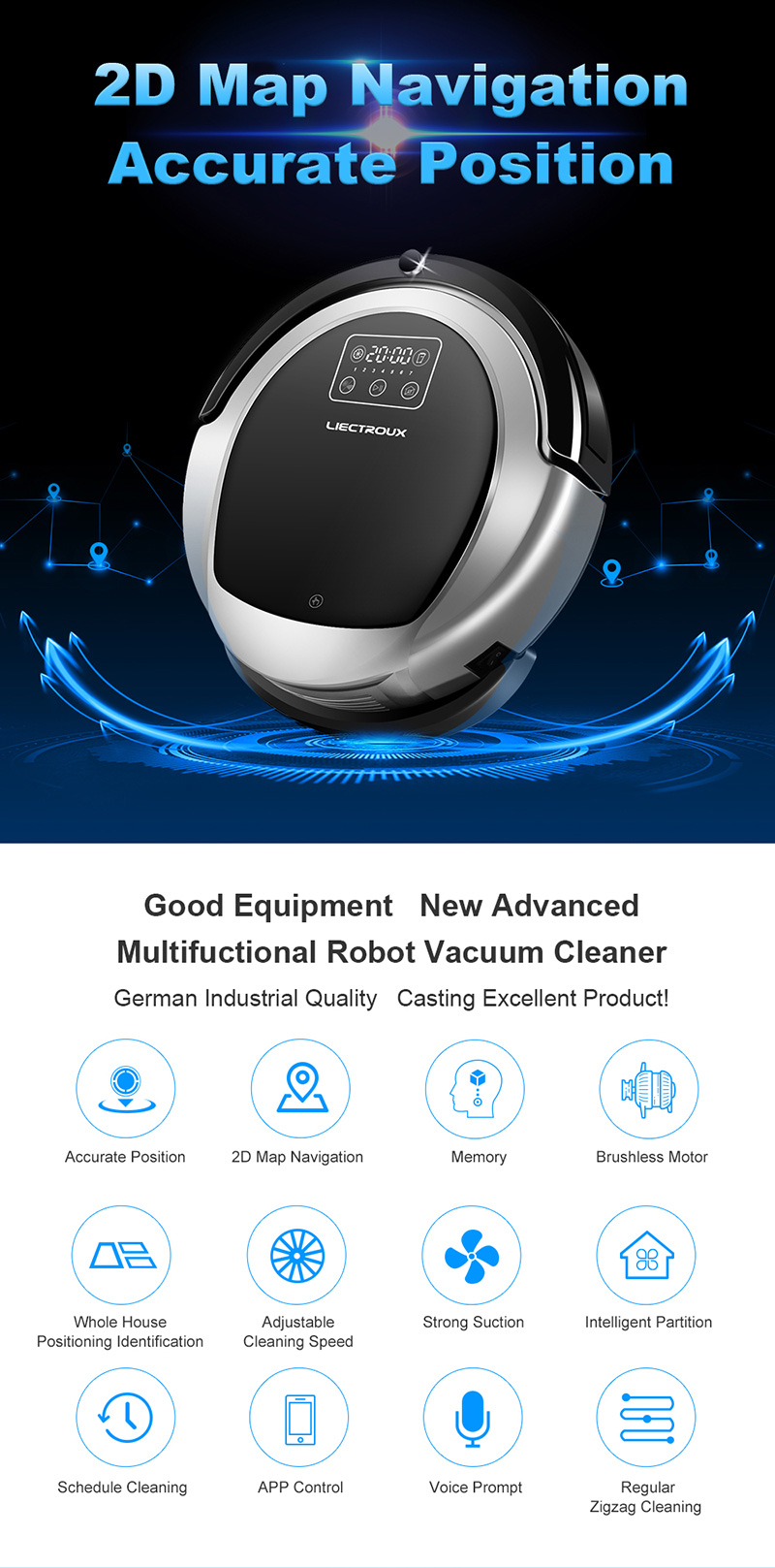Liectroux — aspirateur à mémoire intelligente B6009, appareil à double lumière UV, navigation par cartes, wifi, contrôle par application