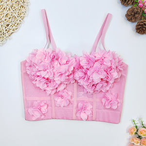 Débardeur court en dentelle et résille à baleines avec coussinets de poitrine, orné de fleurs et de perles, pour femme, style mode - Product Image 3