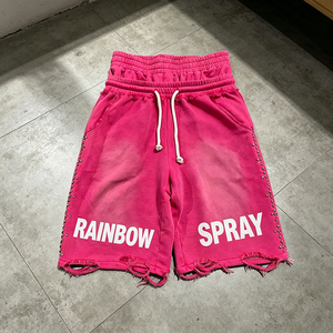 Proveedor <span class=keywords><strong>de</strong></span> pantalones cortos Rainbow Spray: Pantalones cortos holgados para hombre con doble cintura y cordón, estilo retro lavado, desgastados, efecto descolorido por el sol y <span class=keywords><strong>remaches</strong></span> - Product Image 1
