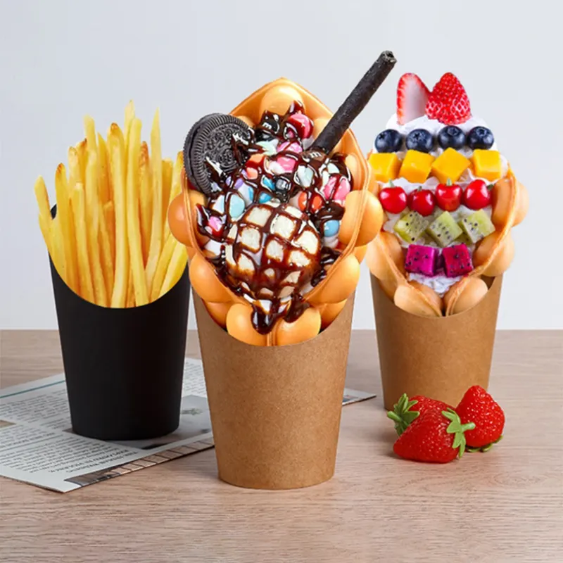 Copos de papel descartáveis inclinados para embalagem de sorvete, frutas fritas ecológicas e sobremesas, copo de papel Kraft, Nicro