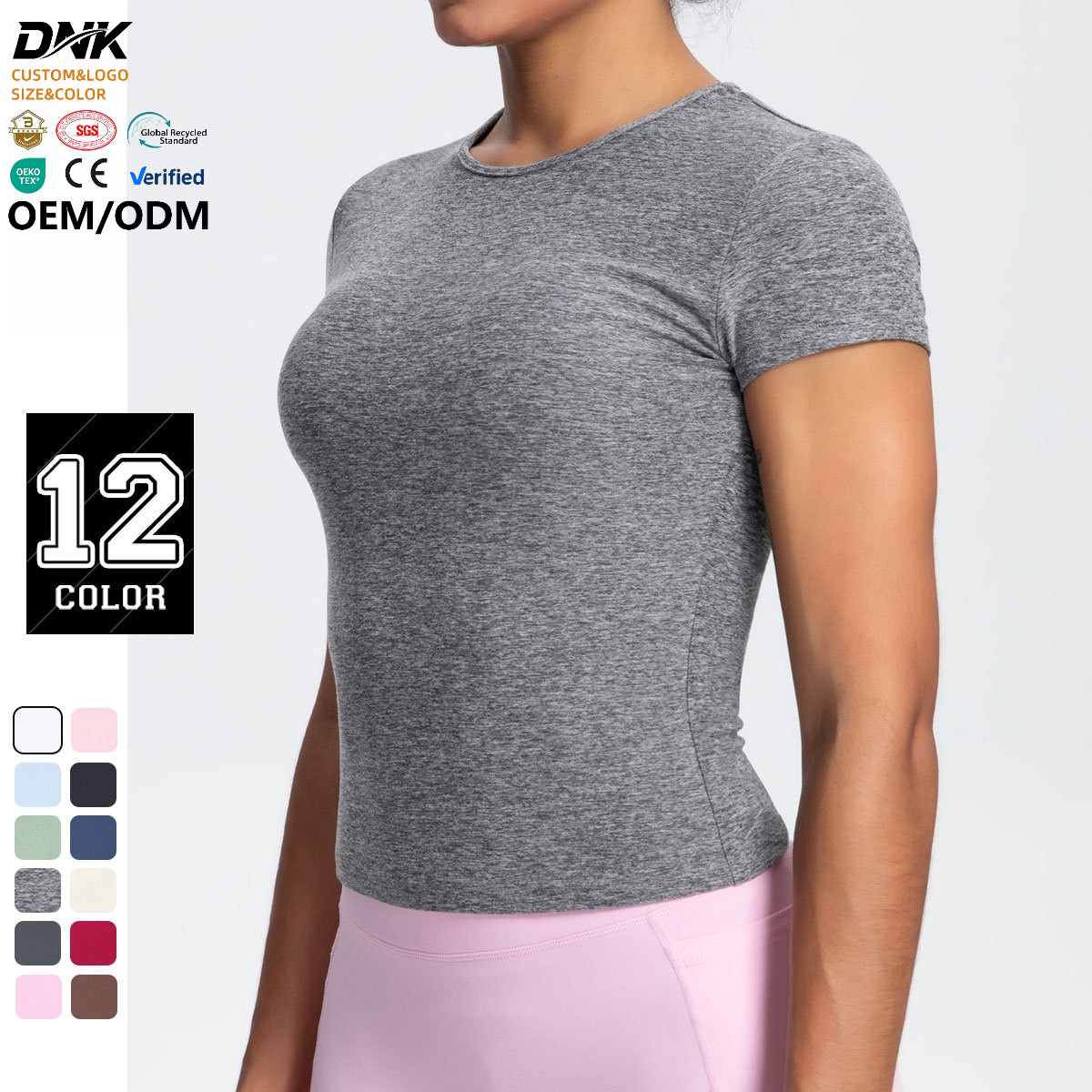 7131 Women's Solid Color Spandex/Nylon T Shirt Four-Way Stretch Quick Dry Breathable Eco-Friendly Skinny Fit Short Sleeve Yoga