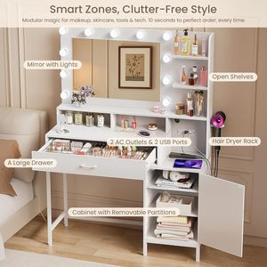 SENYU Coiffeuse Moderne Blanche avec Miroir LED et Tiroir de Rangement 39,4x55 Pouces pour Chambre à Coucher - Product Image 5