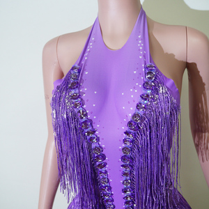 Justaucorps de scène pour femme adulte en spandex violet électrique, orné de strass et de franges, pour danse de salon, idéal pour diva de scène, appliqué à la main - Product Image 6