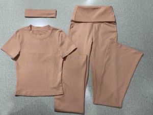 通気性のある柔らかい女性のツーピース衣装、リブスリーブトップと伸縮性のあるウエストロングパンツ家庭用ラウンド快適 - Product Image 6