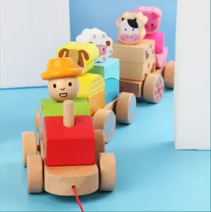 Nuovo stile in legno animale trascinamento treno impilabile blocco giocattolo forma dei bambini corrispondenza colore cognitivo giocattoli per la prima educazione