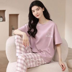 Pijamas Femininos Fofos de Primavera e Outono 2025, Conjunto de Camiseta de Manga Curta e Calças Longas em Fibra de Bambu, Estilo Cartoon, Roupas de Lazer - Product Image 5