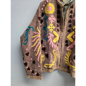 <b>Women</b>’s Brown Suede Zip-Up Jacket with Stand Collar and Colorful Floral Embroidery, Vintage Bohemian Prairie Chic Autumn <b>Coat</b> - Product Image 5