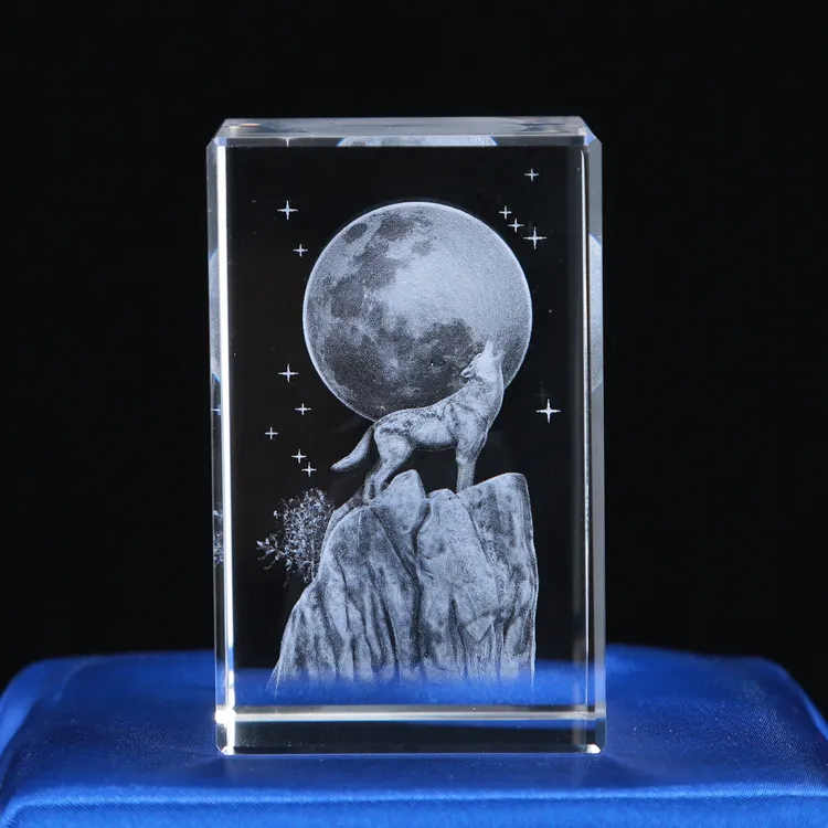 High quality 3d laser engraved crystal crafts with wolf animals