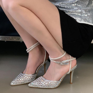 Women Mesh Upper Pointed Toe Sandals Bling Diamonds <b>Fishnet</b> Shoes High Heels Shiny Cross Ankle Strap Pumps for Ladies - Product Image 1