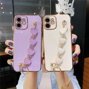 For iPhone 15 Pro case electroplated 6D new for iPhone 15 Pro max 14 13 small heart bracelet straight edge soft protective case