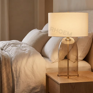 Lámpara de Mesa Blom de Vidrio Transparente con Pantalla de Lino Natural y Base de Acero Industrial, Lámpara de Noche para Decoración e Iluminación de Sala de Estar - Product Image 2