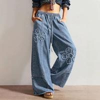Celana Jeans Wanita Eropa Amerika 2026 Bordir Bunga Model Kaki Lebar Pinggang Tinggi Ujung Raw Fringe Panjang Menyentuh Lantai Gaya Street Style