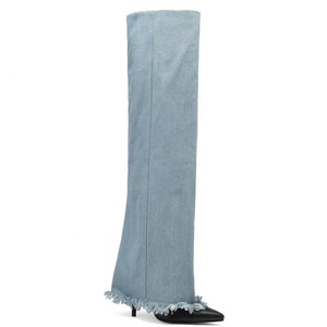 Custom Styles Women Denim Overlay Over Knee High Pants Boots Ladies High Heels Shoes Folded Pointed Toe Jeans Long <b>Booties</b> - Product Image 5