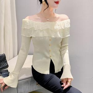 Pull à manches longues pour femme avec col à volants et manches <span class=keywords><strong>évasée</strong></span>s pour l'automne-hiver, style t-shirt sexy - Product Image 3