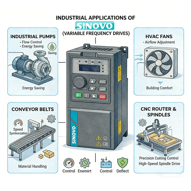SINOVO VFD 220V Single Phase to 3 Phase 380V 0.75-22kw Frequency Inverter AC Motor Drive 50/60Hz for Water Pump RoHS