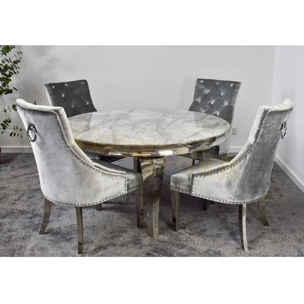 Lüks ev mobilyası metal yemek masası seti 4 kişilik yuvarlak mermer modern yemek masası seti yemek masası
