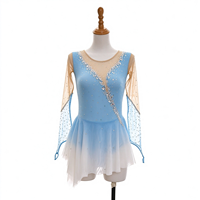 Robe de patinage et de danse pour enfants et adultes, dégradé bleu clair et blanc, maille nude, manches longues, dos orné de strass, pour compétition et spectacle de patinage sur glace