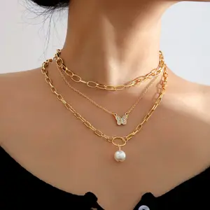 Luz de lujo Senior sentido collar retro perla diamante mariposa collar hueso cadena collar 3 juegos