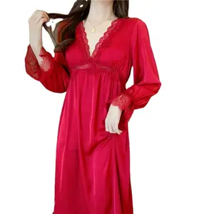 Lente Zomer Een Stuk Ijs Zijde Vintage Nightgowns Lange Mouwen Homewear Jurk Zijde Satijn Kant Nachtkleding