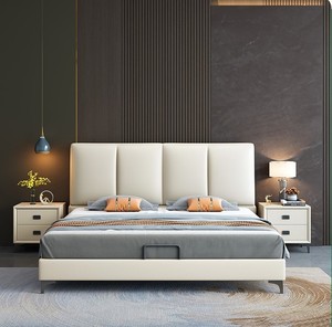 เตียงจัดเก็บของทำจากหนังครีมทันสมัยดีไซน์เรียบง่ายเตียงแต่งงานนุ่มสองชั้นสำหรับห้องนอนอพาร์ทเมนต์ขนาดเล็ก - Product Image 2