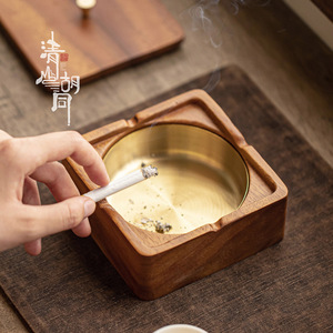 Cendrier carré en bois de noyer Qingshan <span class=keywords><strong>Hutong</strong></span> avec couvercle, style rétro, accessoire de table à thé pour la maison - Product Image 1
