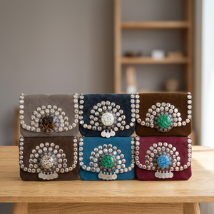 Bolso bandolera de gamuza verde con adornos de piedras turquesa y detalles de flecos, estilo moderno para mujer - Product Image 4