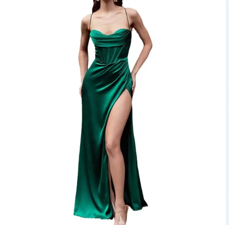 Kristall isiertes Korsett High Split Slit Ärmellose Kleider mit Satin-Cowl-Ausschnitt Kleid Prom One Shoulder Maxi elegantes Kleid für Frauen