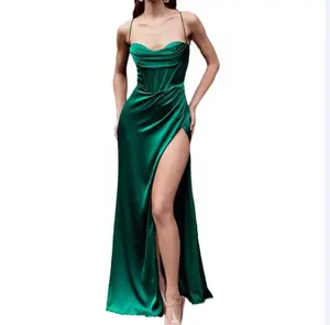 Crystallized Corset High Split Slit Sleeveless satin cowl neck dresses Gown Prom One Shoulder Maxi elegant Dress for women