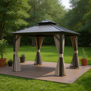 Gazebo in alluminio marrone 8x8 con tetto rigido e zanzariera per patio, giardino e terrazza - Product Image 2